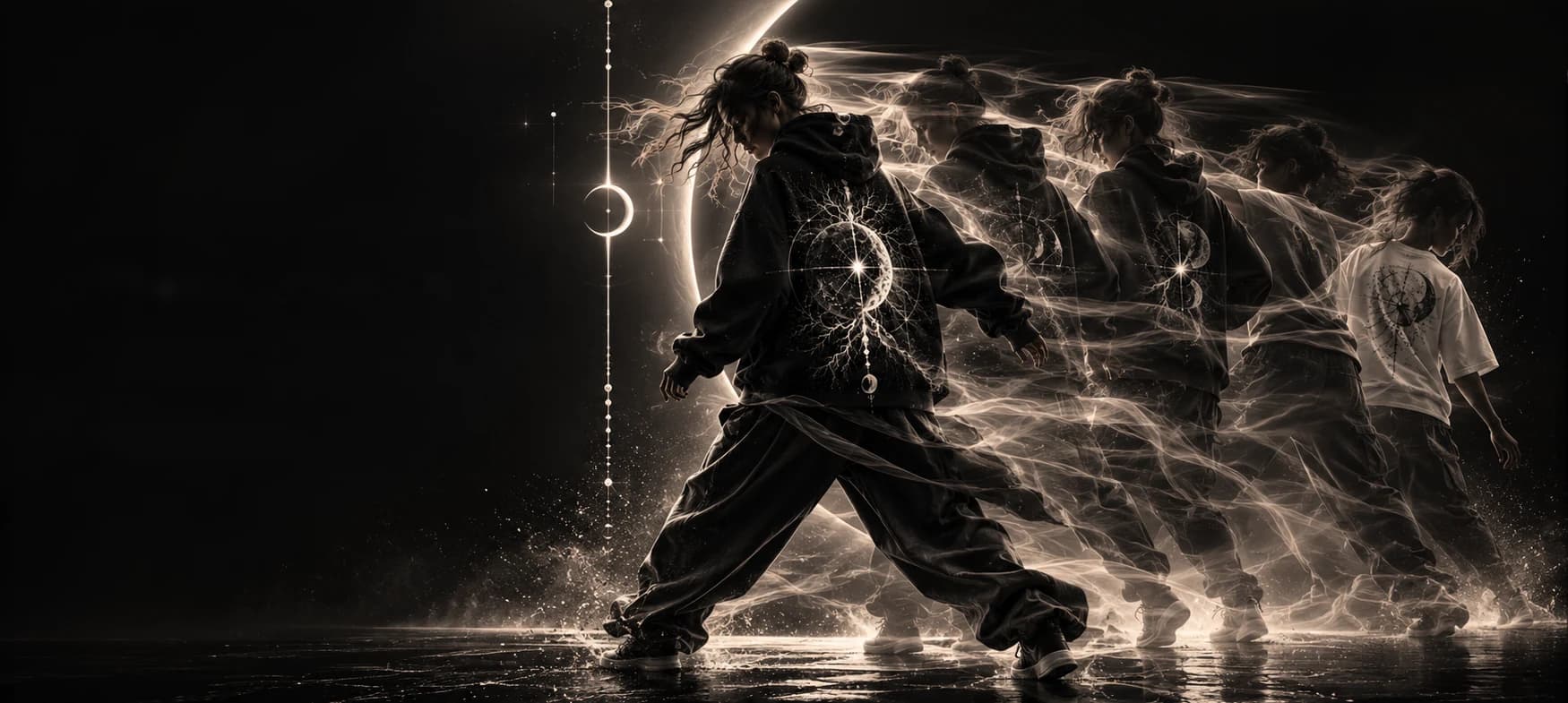 Dancer in a LimitMood hoodie moving through a cosmic light trail